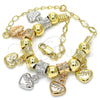 Oro Laminado Charm Bracelet, Gold Filled Style Heart and Love Design, Polished, Tricolor, 03.63.1907.1.08 (04 MM Thickness, 8 Inches Length)