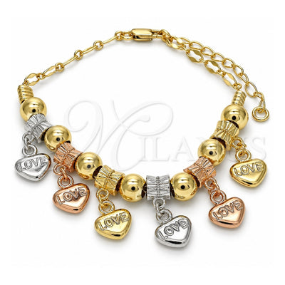 Oro Laminado Charm Bracelet, Gold Filled Style Heart and Love Design, Polished, Tricolor, 03.63.1907.1.08 (04 MM Thickness, 8 Inches Length)
