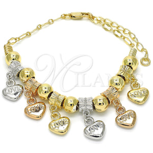 Gold Filled Bracelet — Charm Bracelet Heart and Love Design Polished Tricolor — main product view — SKU 122722 | Oro Laminado brazalete — Charm Bracelet corazón and Love diseño pulido Tricolor — SKU 122722