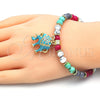 Oro Laminado Charm Bracelet, Gold Filled Style Elephant Design, with White Crystal, Turquoise Enamel Finish, Golden Finish, 03.63.1909.2.08 (06 MM Thickness, 8 Inches Length)