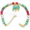 Oro Laminado Charm Bracelet, Gold Filled Style Elephant Design, with White Crystal, Turquoise Enamel Finish, Golden Finish, 03.63.1909.2.08 (06 MM Thickness, 8 Inches Length)