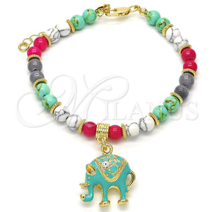 Gold Filled Bracelet — Charm Bracelet Elephant Design with White Crystal Turquoise — main product view — SKU 122727 | Oro Laminado brazalete — Charm Bracelet Elephant diseño with cristal blanco Turquoise — SKU 122727