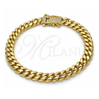Stainless Steel Basic Bracelet, Miami Cuban Design, with White Cubic Zirconia, Polished, Golden Finish, 03.278.0003.09 (08 MM Thickness, 9 Inches Length)