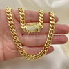 Stainless Steel Basic Necklace, Miami Cuban Design, with White Cubic Zirconia, Polished, Golden Finish, 03.278.0003.30 (08 MM Thickness, 30 Inches Length)