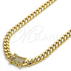 Stainless Steel Basic Necklace, Miami Cuban Design, with White Cubic Zirconia, Polished, Golden Finish, 03.278.0003.30 (08 MM Thickness, 30 Inches Length)