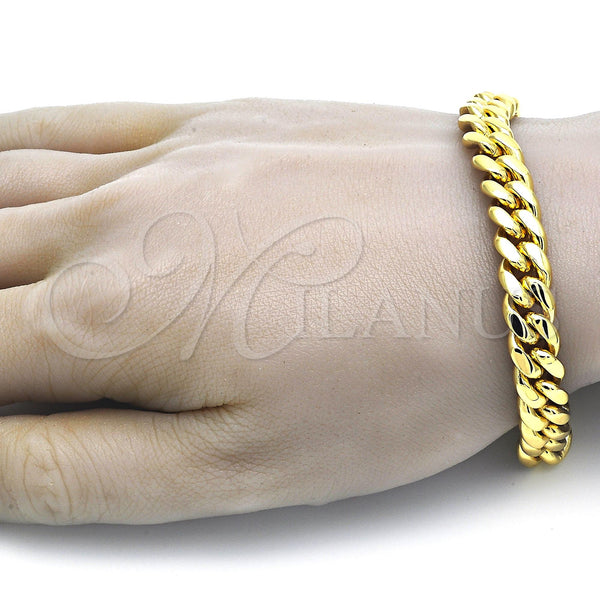 Stainless Steel Basic Bracelet, Miami Cuban Design, with White Micro Pave, Polished, Golden Finish, 03.278.0004.09 (10 MM Thickness, 9 Inches Length)