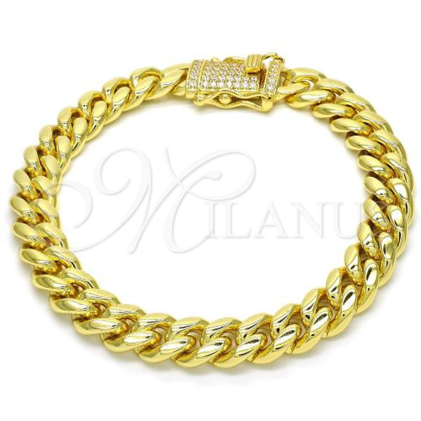 Stainless Steel Basic Bracelet, Miami Cuban Design, with White Micro Pave, Polished, Golden Finish, 03.278.0004.09 (10 MM Thickness, 9 Inches Length)