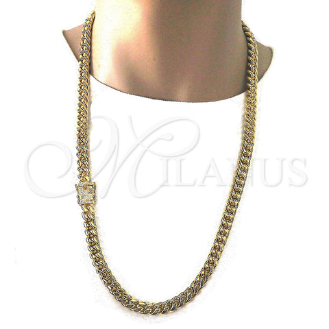 Stainless Steel Basic Necklace, Miami Cuban Design, with White Micro Pave, Polished, Golden Finish, 03.278.0004.30 (10 MM Thickness, 30 Inches Length)