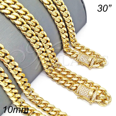 Stainless Steel Basic Necklace, Miami Cuban Design, with White Micro Pave, Polished, Golden Finish, 03.278.0004.30 (10 MM Thickness, 30 Inches Length)