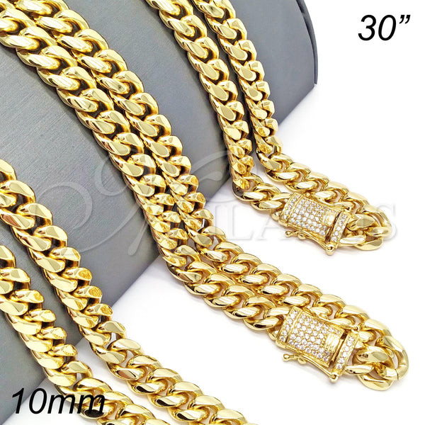 Stainless Steel Basic Necklace, Miami Cuban Design, with White Micro Pave, Polished, Golden Finish, 03.278.0005.30 (12 MM Thickness, 30 Inches Length)