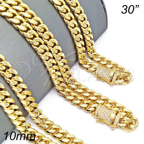 Stainless Steel Basic Necklace, Miami Cuban Design, with White Micro Pave, Polished, Golden Finish, 03.278.0005.30 (12 MM Thickness, 30 Inches Length)