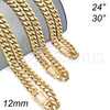Stainless Steel Basic Necklace, Miami Cuban Design, with White Micro Pave, Polished, Golden Finish, 03.278.0005.30 (12 MM Thickness, 30 Inches Length)