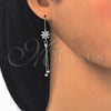 Sterling Silver Long Earring, Flower Design, with White Cubic Zirconia, Polished, Rhodium Finish, 02.183.0025