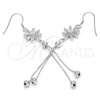 Sterling Silver Long Earring, Flower Design, with White Cubic Zirconia, Polished, Rhodium Finish, 02.183.0025