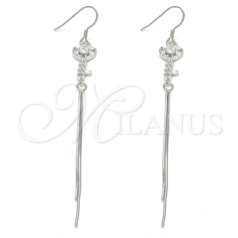 Sterling Silver Long Earring, key Design, with White Cubic Zirconia, Polished, Rhodium Finish, 02.183.0027