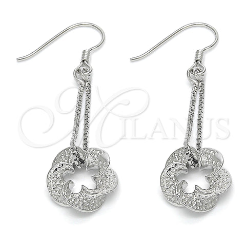 Sterling Silver Long Earring, Flower Design, Polished, Rhodium Finish, 02.183.0029
