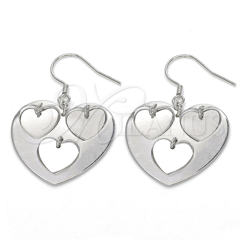 Sterling Silver Dangle Earring, Heart Design, Polished, Rhodium Finish, 02.183.0033