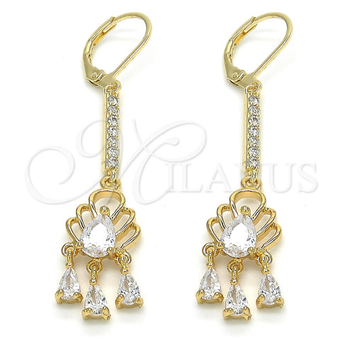 Oro Laminado Long Earring, Gold Filled Style Teardrop Design, with White Cubic Zirconia, Polished, Golden Finish, 02.210.0170