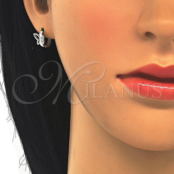 Sterling Silver Hoop Earrings — Huggie Hoop Butterfly Design with White Micro Pave — alternate product view — SKU 122898 | Plata 925 aretes de aro — Huggie Hoop Butterfly diseño with blanco Micro Pave — SKU 122898
