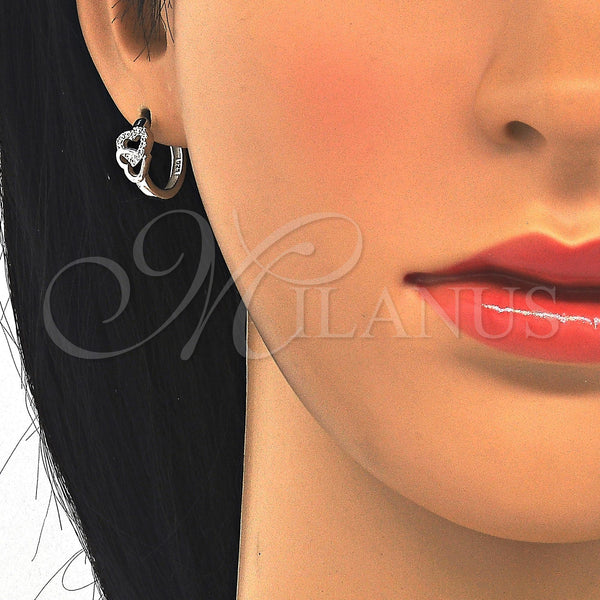 Sterling Silver Hoop Earrings — Huggie Hoop Heart Design with White Micro Pave — alternate product view — SKU 122899 | Plata 925 aretes de aro — Huggie Hoop corazón diseño with blanco Micro Pave — SKU 122899