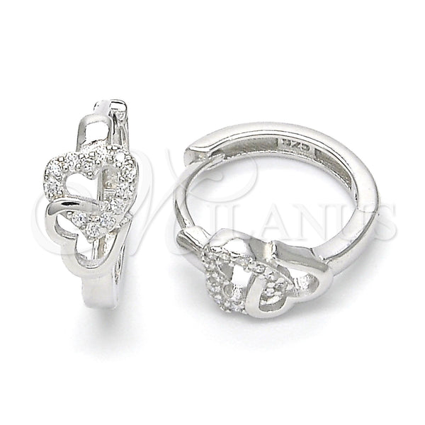 Sterling Silver Hoop Earrings — Huggie Hoop Heart Design with White Micro Pave — main product view — SKU 122899 | Plata 925 aretes de aro — Huggie Hoop corazón diseño with blanco Micro Pave — SKU 122899