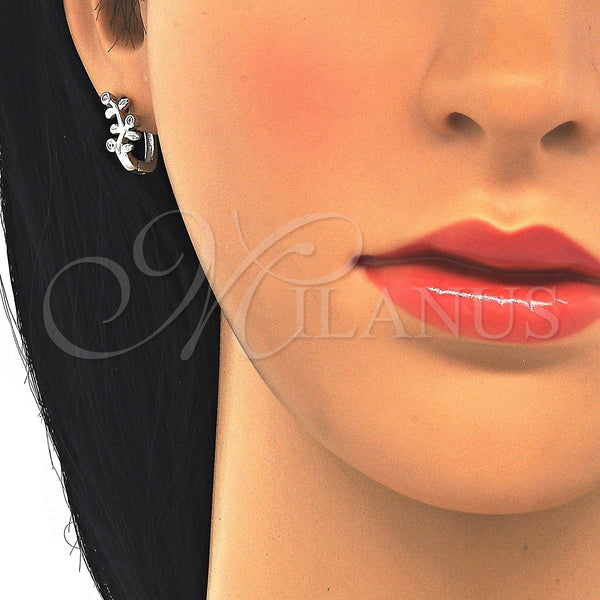 Sterling Silver Hoop Earrings — Huggie Hoop Leaf Design with White Cubic Zirconia — alternate product view — SKU 122903 | Plata 925 aretes de aro — Huggie Hoop Leaf diseño with blanco Cubic Zirconia — SKU 122903