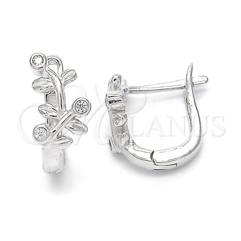 Sterling Silver Huggie Hoop, Leaf Design, with White Cubic Zirconia, Polished, Rhodium Finish, 02.332.0016.12