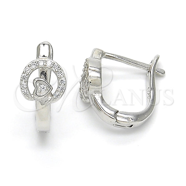 Sterling Silver Hoop Earrings — Huggie Hoop Heart Design with White Micro Pave — main product view — SKU 122922 | Plata 925 aretes de aro — Huggie Hoop corazón diseño with blanco Micro Pave — SKU 122922