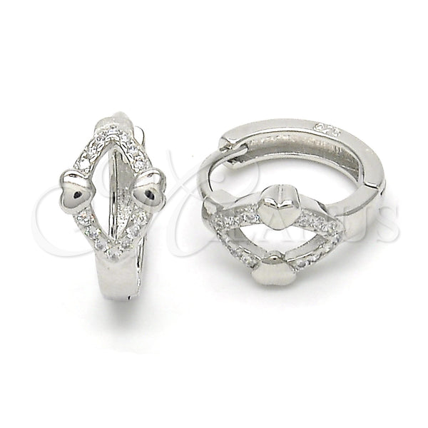 Sterling Silver Hoop Earrings — Huggie Hoop Heart Design with White Micro Pave — main product view — SKU 122947 | Plata 925 aretes de aro — Huggie Hoop corazón diseño with blanco Micro Pave — SKU 122947