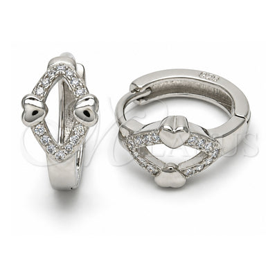 Sterling Silver Huggie Hoop, Heart Design, with White Micro Pave, Polished, Rhodium Finish, 02.175.0144.15