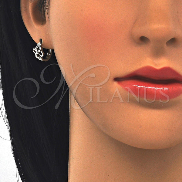 Sterling Silver Hoop Earrings — Huggie Hoop Flower Design with White Micro Pave — alternate product view — SKU 122967 | Plata 925 aretes de aro — Huggie Hoop flor diseño with blanco Micro Pave — SKU 122967