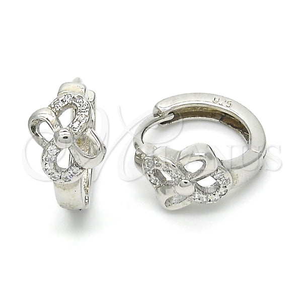 Sterling Silver Hoop Earrings — Huggie Hoop Flower Design with White Micro Pave — main product view — SKU 122967 | Plata 925 aretes de aro — Huggie Hoop flor diseño with blanco Micro Pave — SKU 122967
