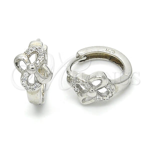 Sterling Silver Hoop Earrings — Huggie Hoop Flower Design with White Micro Pave — main product view — SKU 122967 | Plata 925 aretes de aro — Huggie Hoop flor diseño with blanco Micro Pave — SKU 122967