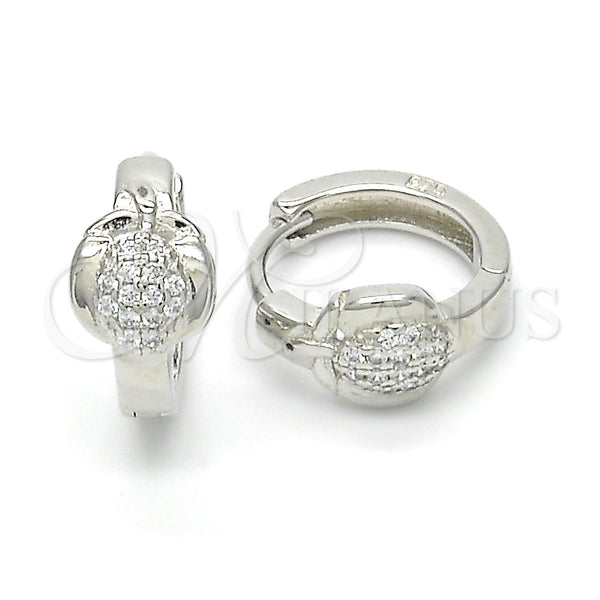 Sterling Silver Hoop Earrings — Huggie Hoop Apple Design with White Micro Pave — main product view — SKU 122971 | Plata 925 aretes de aro — Huggie Hoop Apple diseño with blanco Micro Pave — SKU 122971
