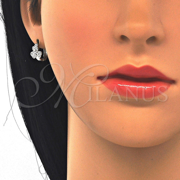 Sterling Silver Hoop Earrings — Huggie Hoop Flower Design with White Micro Pave — alternate product view — SKU 122976 | Plata 925 aretes de aro — Huggie Hoop flor diseño with blanco Micro Pave — SKU 122976