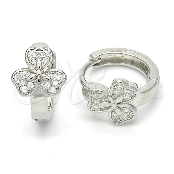 Sterling Silver Hoop Earrings — Huggie Hoop Flower Design with White Micro Pave — main product view — SKU 122976 | Plata 925 aretes de aro — Huggie Hoop flor diseño with blanco Micro Pave — SKU 122976