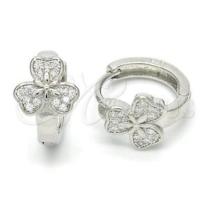 Sterling Silver Hoop Earrings — Huggie Hoop Flower Design with White Micro Pave — main product view — SKU 122976 | Plata 925 aretes de aro — Huggie Hoop flor diseño with blanco Micro Pave — SKU 122976