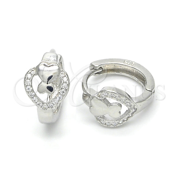 Sterling Silver Hoop Earrings — Huggie Hoop Heart Design with White Micro Pave — main product view — SKU 122980 | Plata 925 aretes de aro — Huggie Hoop corazón diseño with blanco Micro Pave — SKU 122980