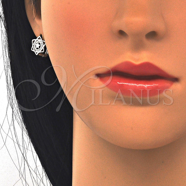 Sterling Silver Hoop Earrings — Huggie Hoop Star Design with White Micro Pave — alternate product view — SKU 122991 | Plata 925 aretes de aro — Huggie Hoop estrella diseño with blanco Micro Pave — SKU 122991