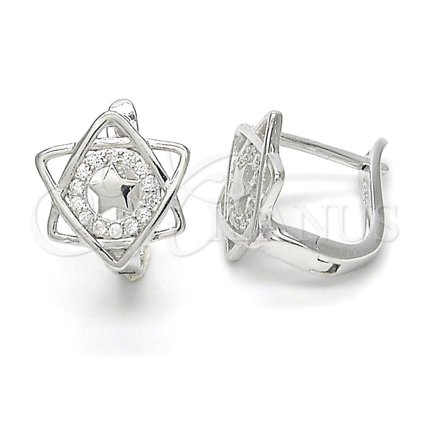 Sterling Silver Hoop Earrings — Huggie Hoop Star Design with White Micro Pave — main product view — SKU 122991 | Plata 925 aretes de aro — Huggie Hoop estrella diseño with blanco Micro Pave — SKU 122991