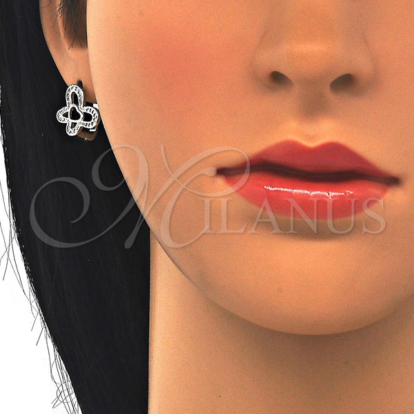 Sterling Silver Hoop Earrings — Huggie Hoop Butterfly and Heart Design with White — alternate product view — SKU 122998 | Plata 925 aretes de aro — Huggie Hoop Butterfly and corazón diseño with blanco — SKU 122998