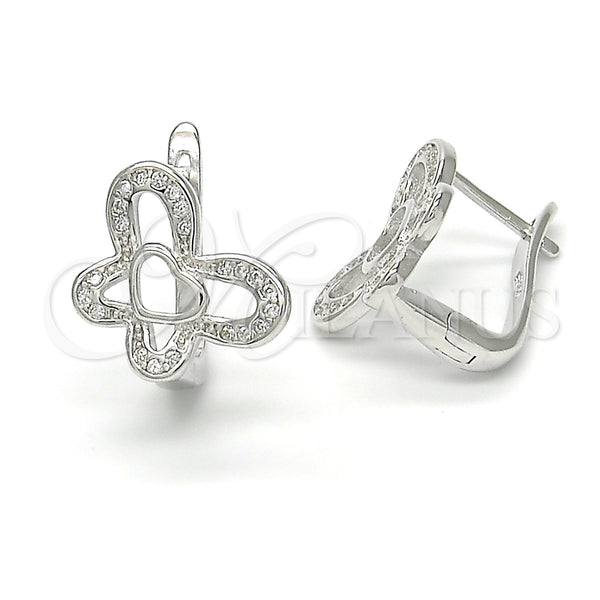 Sterling Silver Hoop Earrings — Huggie Hoop Butterfly and Heart Design with White — main product view — SKU 122998 | Plata 925 aretes de aro — Huggie Hoop Butterfly and corazón diseño with blanco — SKU 122998