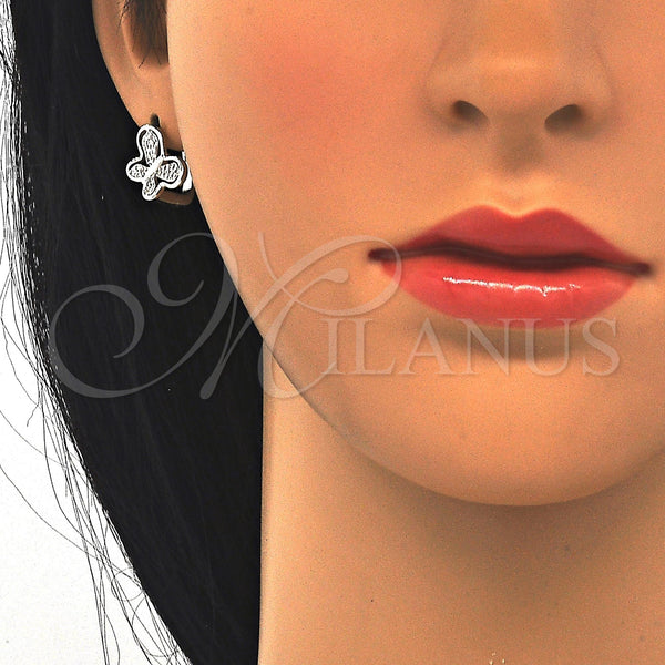 Sterling Silver Hoop Earrings — Huggie Hoop Butterfly Design with White Micro Pave — alternate product view — SKU 122999 | Plata 925 aretes de aro — Huggie Hoop Butterfly diseño with blanco Micro Pave — SKU 122999