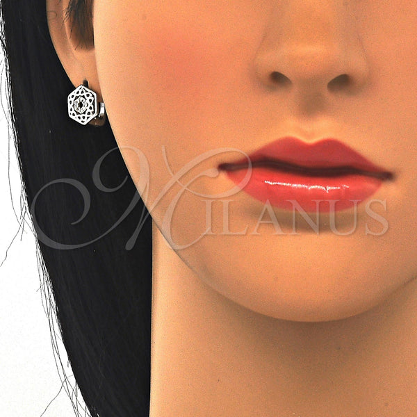 Sterling Silver Hoop Earrings — Huggie Hoop Infinite Design with White Micro Pave — alternate product view — SKU 123001 | Plata 925 aretes de aro — Huggie Hoop Infinite diseño with blanco Micro Pave — SKU 123001