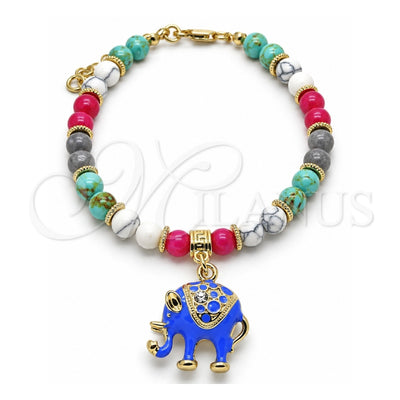 Oro Laminado Charm Bracelet, Gold Filled Style Elephant Design, with White Crystal, Blue Enamel Finish, Golden Finish, 03.63.1909.4.08 (06 MM Thickness, 8 Inches Length)