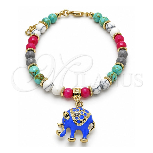 Oro Laminado Charm Bracelet, Gold Filled Style Elephant Design, with White Crystal, Blue Enamel Finish, Golden Finish, 03.63.1909.4.08 (06 MM Thickness, 8 Inches Length)