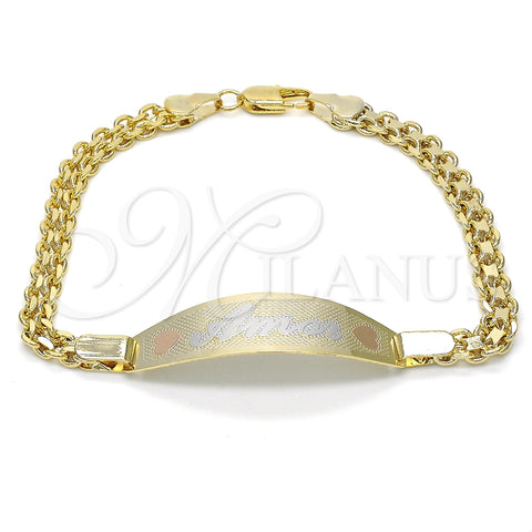 Oro Laminado ID Bracelet, Gold Filled Style Heart Design, Polished, Tricolor, 03.63.1916.1.08 (05 MM Thickness, 8 Inches Length)