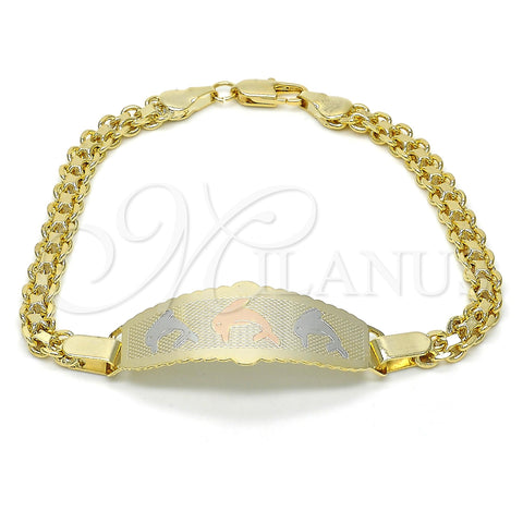 Oro Laminado ID Bracelet, Gold Filled Style Dolphin Design, Polished, Tricolor, 03.63.1918.1.08 (05 MM Thickness, 8 Inches Length)