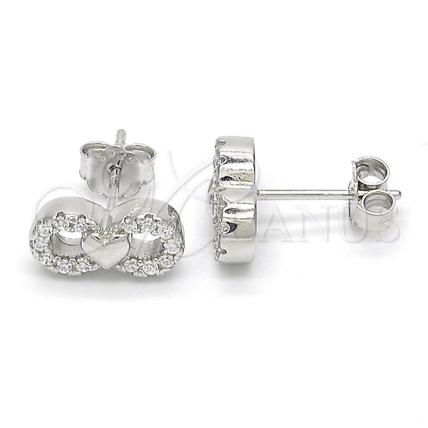 Sterling Silver Stud Earring, Infinite and Heart Design, with White Cubic Zirconia, Polished, Rhodium Finish, 02.336.0029