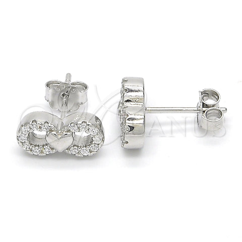 Sterling Silver Stud Earring, Infinite and Heart Design, with White Cubic Zirconia, Polished, Rhodium Finish, 02.336.0029
